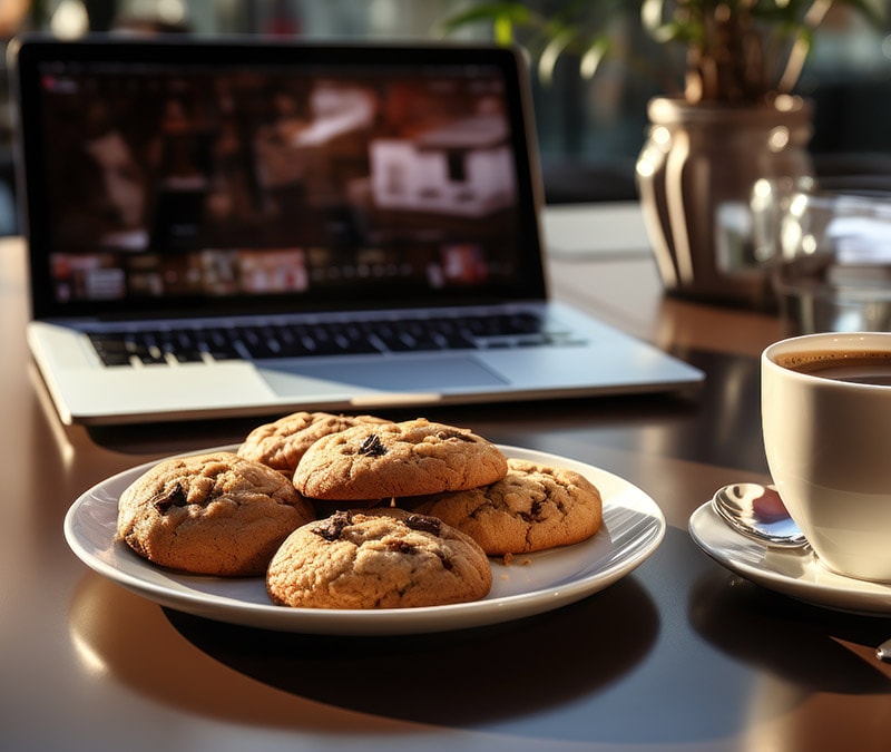 Ein Schreibtisch mit einem aufgeklappten Laptop: Auf dem Bildschirm ist ein Fotogalerieprogramm zu sehen und es ist erkennbar, dass der Cache des Geräts geleert werden muss.