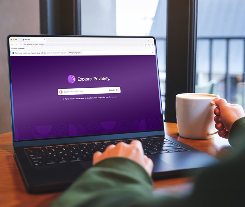Eine Person navigiert auf ihrem Laptop über Tor zu einer Darknet-Website.