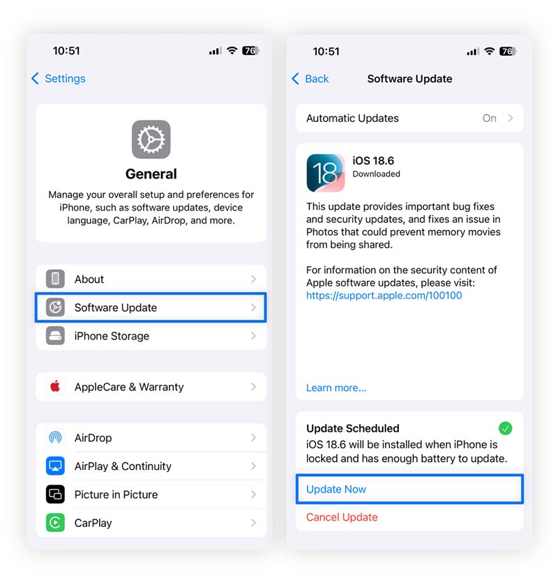 iPhone-Screenshots, die zeigen, wie man Software aktualisiert.
