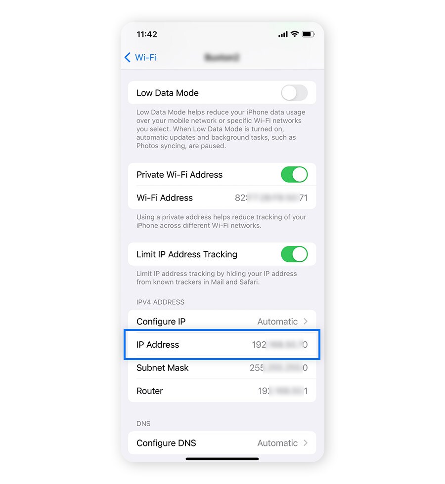 Ein Screenshot, der die IP-Adresse aus den Einstellungen eines iPhones zeigt.
