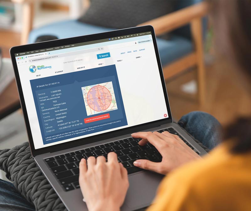 Frau sucht ihre IP-Adresse auf ihrem Laptop mit whatismyipaddress.com.